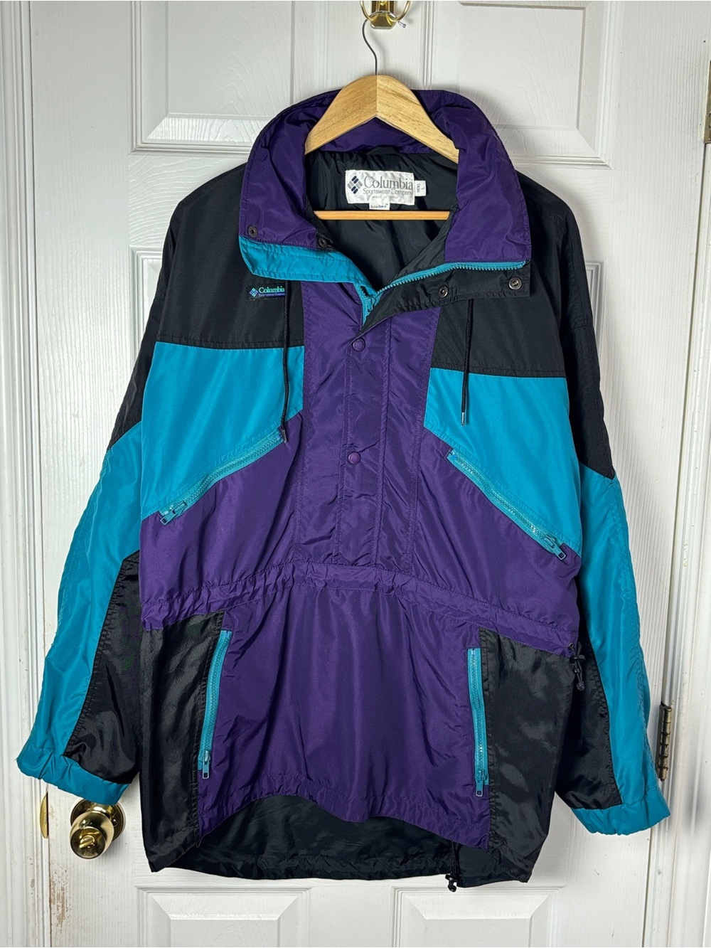 Vintage 90s Columbia Colorblock Pullover Windbreaker Jacket Mens L Purple Teal